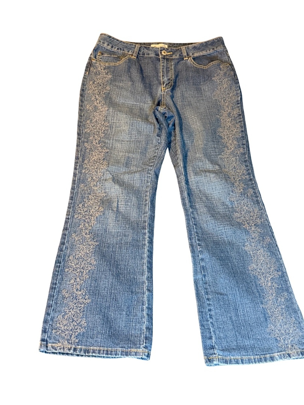 Coldwater Creek Blue Wide-Leg Jeans with Cream Floral Embroidery Size 12 - Picture 2 of 9